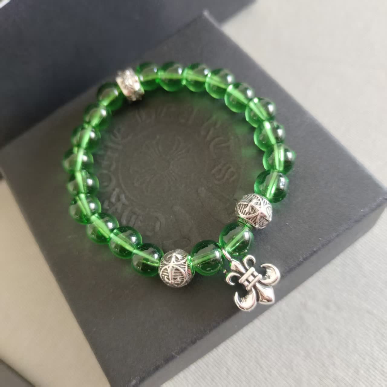 Chrome Hearts Green Beaded Bracelet with Fleur-de-Lis Charm